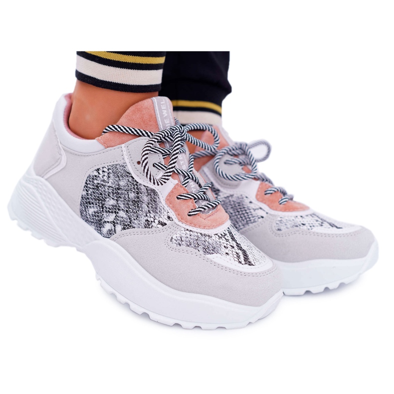 NFR Damen Sportschuhe Hohe Sohle Rosa Schlangenhaut Chillout grau