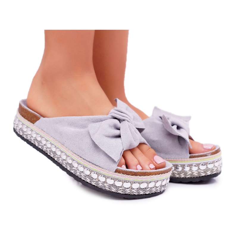 Damen Hausschuhe mit Schleifen Dicke Sohle Grau Milady