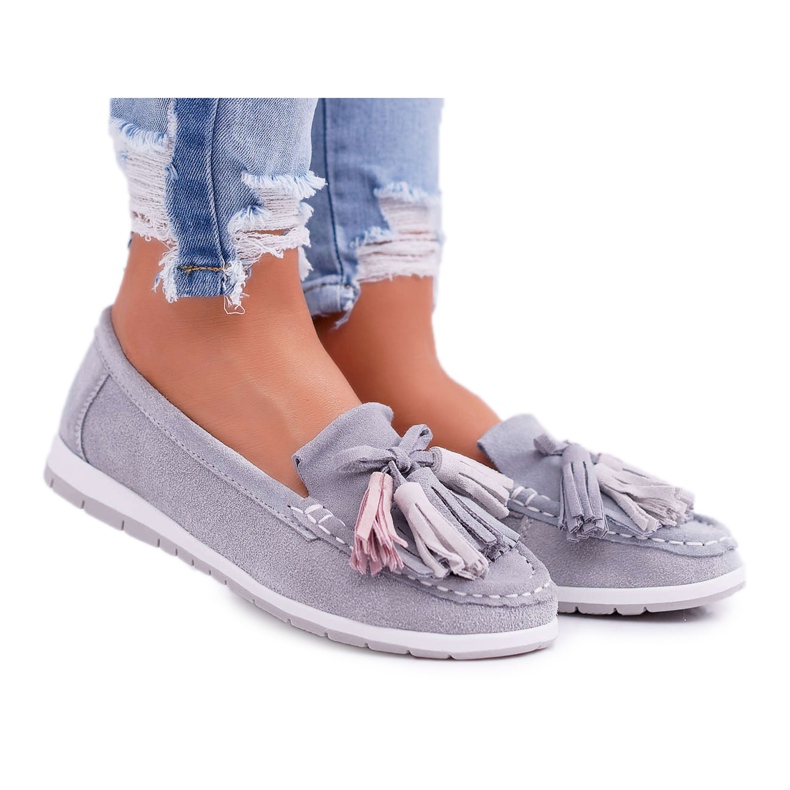 EVE Damen Slipper, Wildleder Mit Fransen, Grau Batist