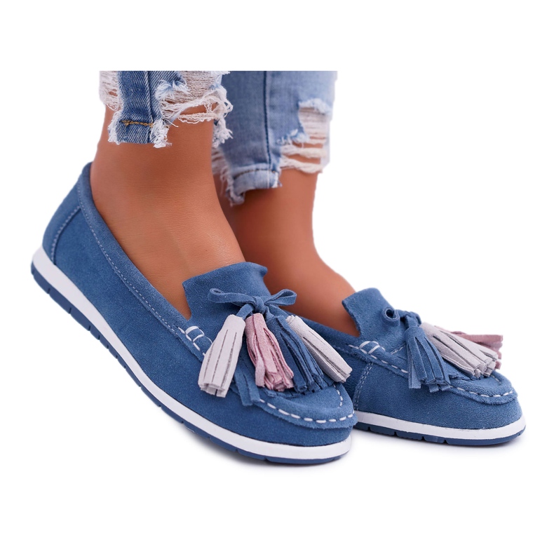 EVE Damen Slipper, Wildleder mit Fransen, Batistblau