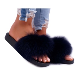 Damen Hausschuhe mit Naturfell Naturis Navy Blue marineblau