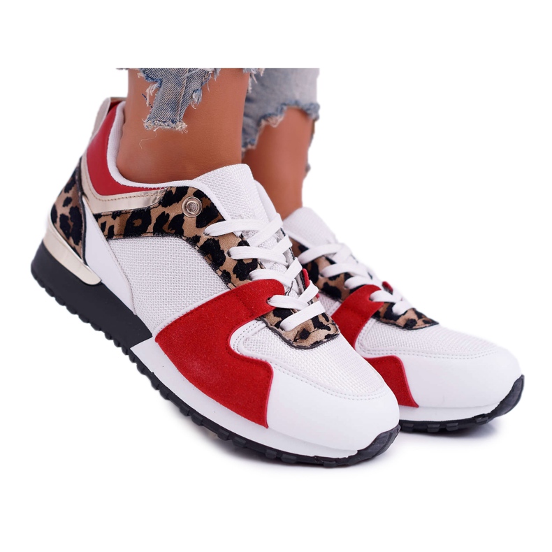 FRJ Damen Sportschuhe Mesh Wildleder Leopard Merido weiß rot
