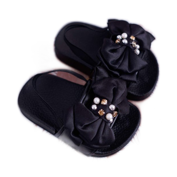FRROCK Kinderslipper für Mädchen mit Schleife Pearl Black Senari schwarz