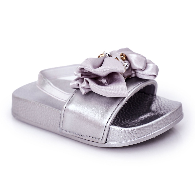 FRROCK Kinder-Pantoffeln für Mädchen mit Schleife Pearl Silver Senari grau