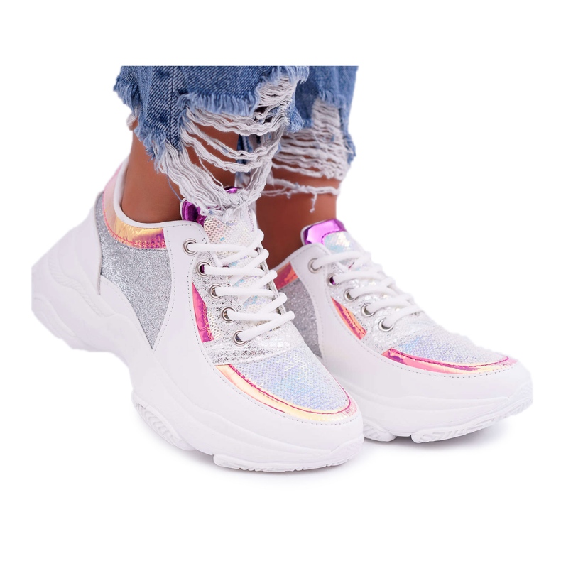 Damen Sportschuhe Dicke Sohle Glitzer Weiß Ranea grau