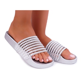 Damen Hausschuhe mit Perlen Silber Elavi grau