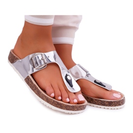 SEA Damen Hausschuhe Flip-Flops auf Korken, Lackierte Silberpalette grau