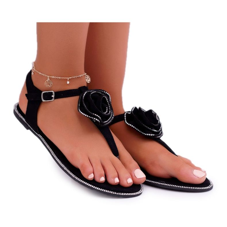 Damen Sandalen Flip-Flops Schwarze Blume Strasssteine ​​Drave