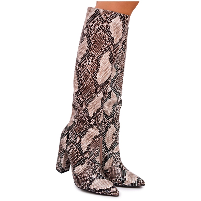 FRGIV Damenstiefel mit hohem Absatz Schlangenhaut Beige Brouny