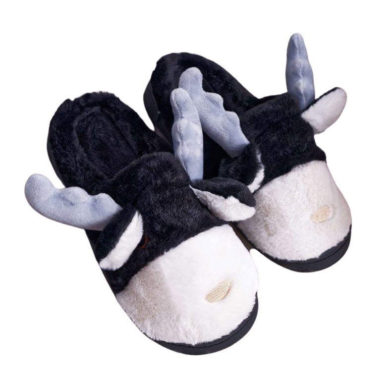 FRID Damen Hausschuhe mit Fell Schwarz Rentier Deff