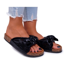 Schwarze Metalics Damen Hausschuhe mit Schleife