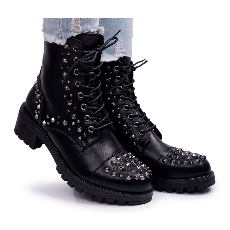 SEA Damenstiefel Arbeiter mit Strasssteinen Black Gether schwarz