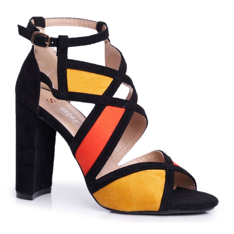 SEA Damen Sandalen mit Absatz Wildleder Schwarz Orange Emolly