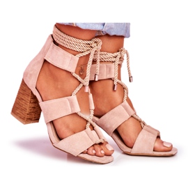 SEA Damen Sandalen mit Absatz Gebunden Wildleder Beige Amore