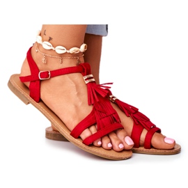FJ1 Flache Sandalen für Damen Wildleder Boho Rot Lucami