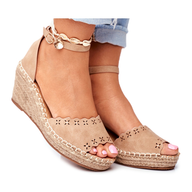 EVE Damen Sandalen mit Keilabsatz Espadrilles Beige Schütze