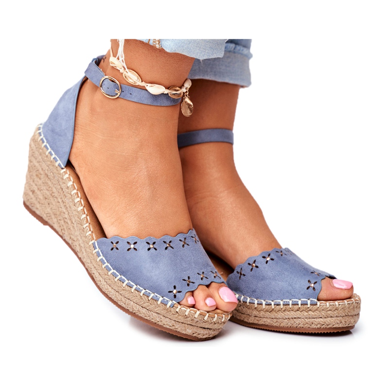 EVE Damen Sandalen mit Keilabsatz Espadrilles Blau Schütze