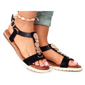 EVE Flache schwarze Damensandalen mit Milton-Verzierungen