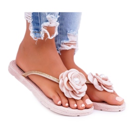 Damen Hausschuhe Flip-Flops Beige Blume Glitzer Elenda