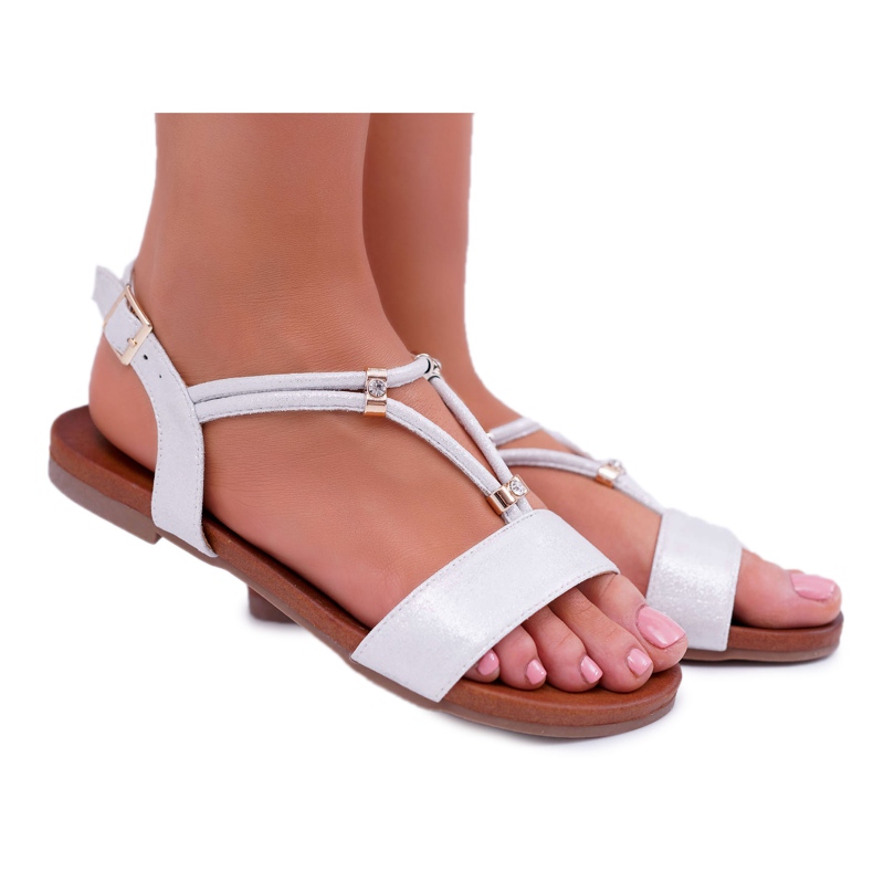 S.Barski Flache Damensandalen mit Riemen und Zirkonia Silber Madeline grau