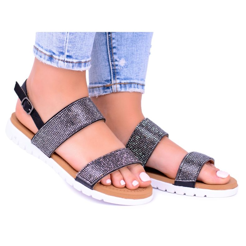 Lu Boo Damen Sandalen in Schwarz mit perfektem Zirkonia