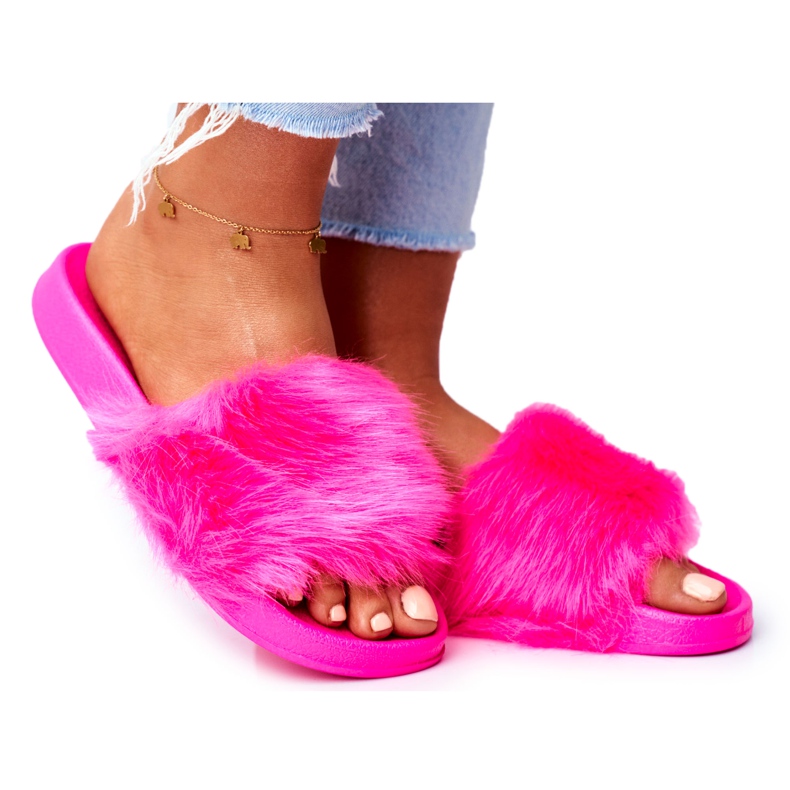 Damen Hausschuhe mit Pelz Neon Fuchsia Pelz rosa