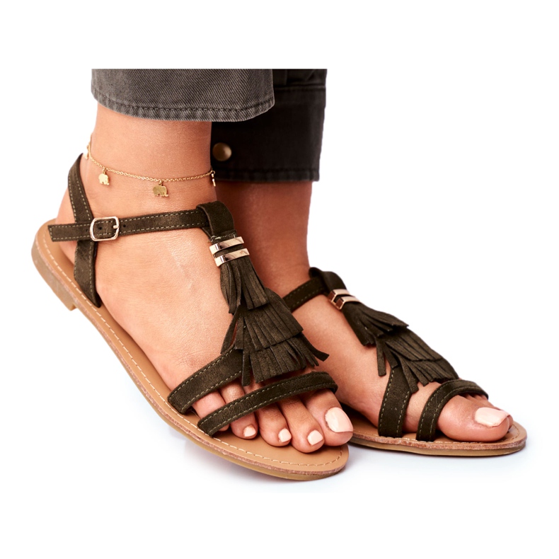 FJ1 Damen Sandalen Flaches Wildleder Boho Olive Lucami mehrfarbig grün