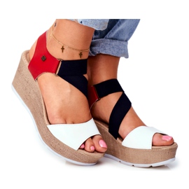 Damen Sandalen mit Keilabsatz Big Star Slip-On FF276014 weiß rot marineblau