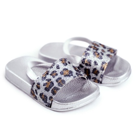 FRROCK Kinder Hausschuhe für Mädchen Brokat Leopard Silber Rimia grau