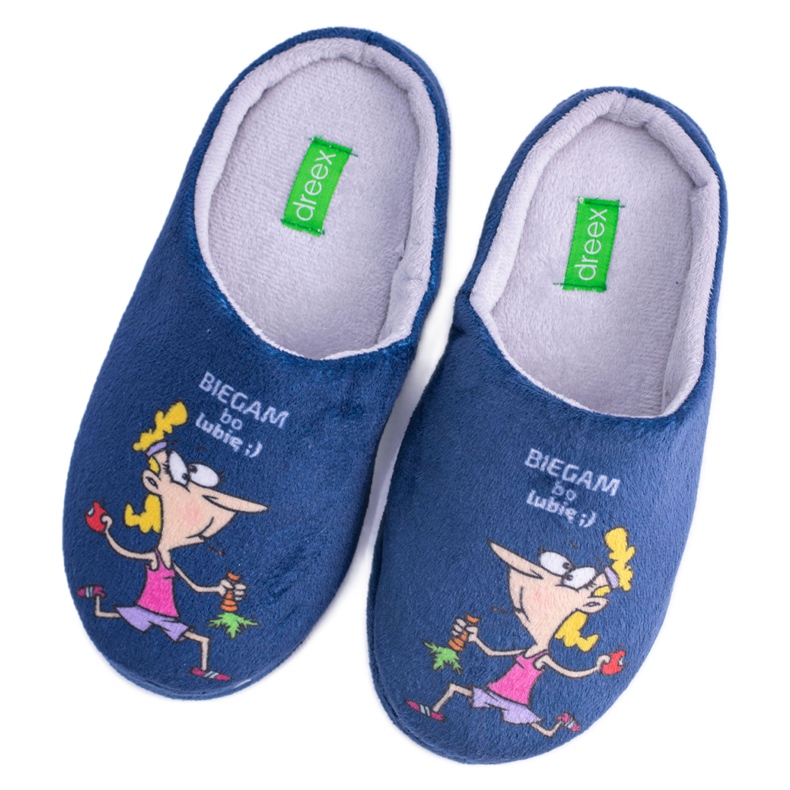 Dreex Plush Damen Hausschuhe Marineblau Ich laufe, weil ich mag grau