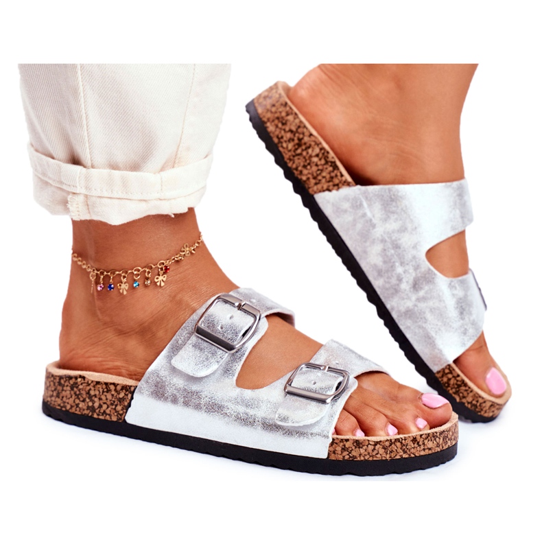 EVE Damenhausschuhe mit Schnallen Silber Vivio grau