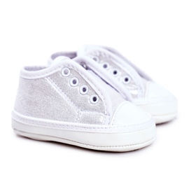 Apawwa Kinder Sneaker Klettverschluss mit Brokat Taufe Silber Milley weiß