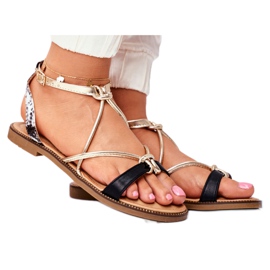 S.Barski Damen Sandalen Flach Schwarz und Gold Barski Samim gelb