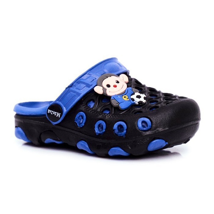 Kinderhausschuhe Schaumstoff Crocs Black Monkey Footballer schwarz blau