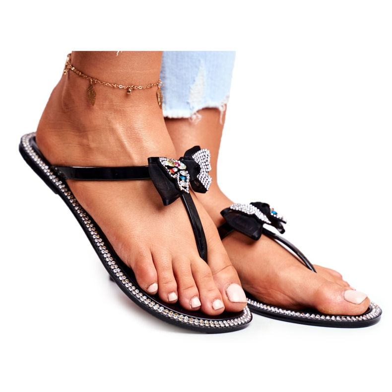 LU BOO Damen Gummi Hausschuhe Schwarz Flip-Flops Lissy Strass