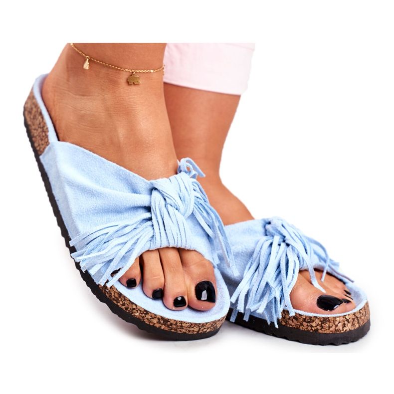 BUGO Blaue Hausschuhe für Damen mit Korkfransen Marina