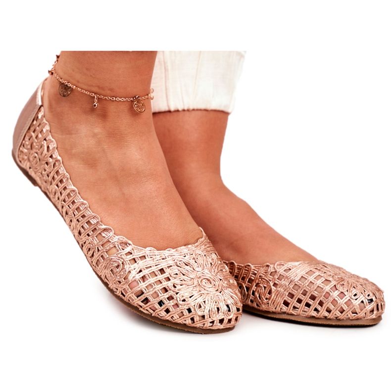 Lu Boo Damen Ballerinas Roségold durchbrochene geflochtene Tragetasche rosa