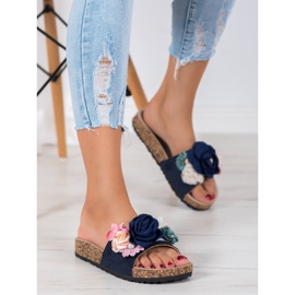 VINCEZA Hausschuhe mit Blumen navy blau blau mehrfarbig