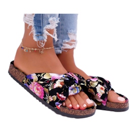 SEA Schwarze Hausschuhe für Damen auf Korkblumen Wendy's Bow lila rosa golden