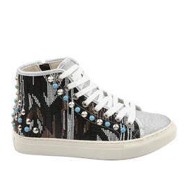 Silberne hohe Sneakers reich verziert D17-27027 grau mehrfarbig
