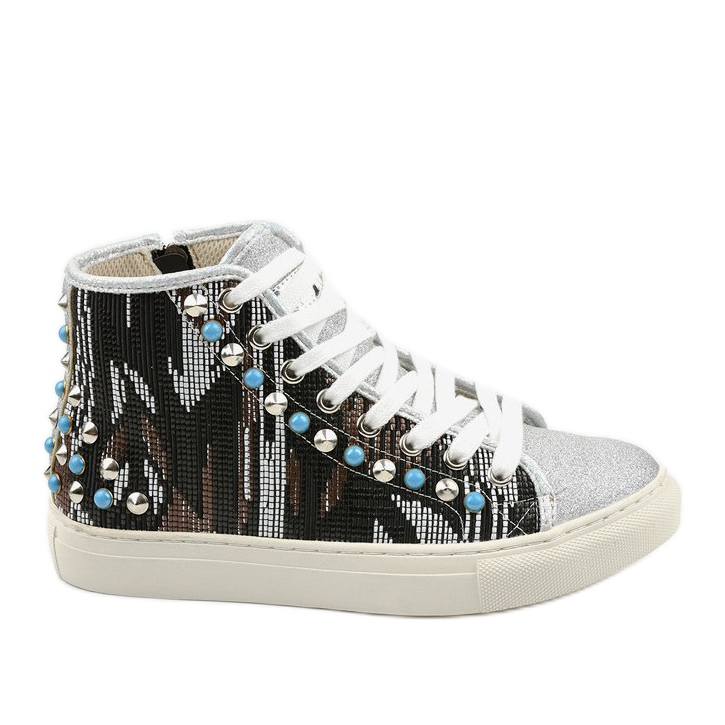 Silberne hohe Sneakers reich verziert D17-27027 silber- grau mehrfarbig