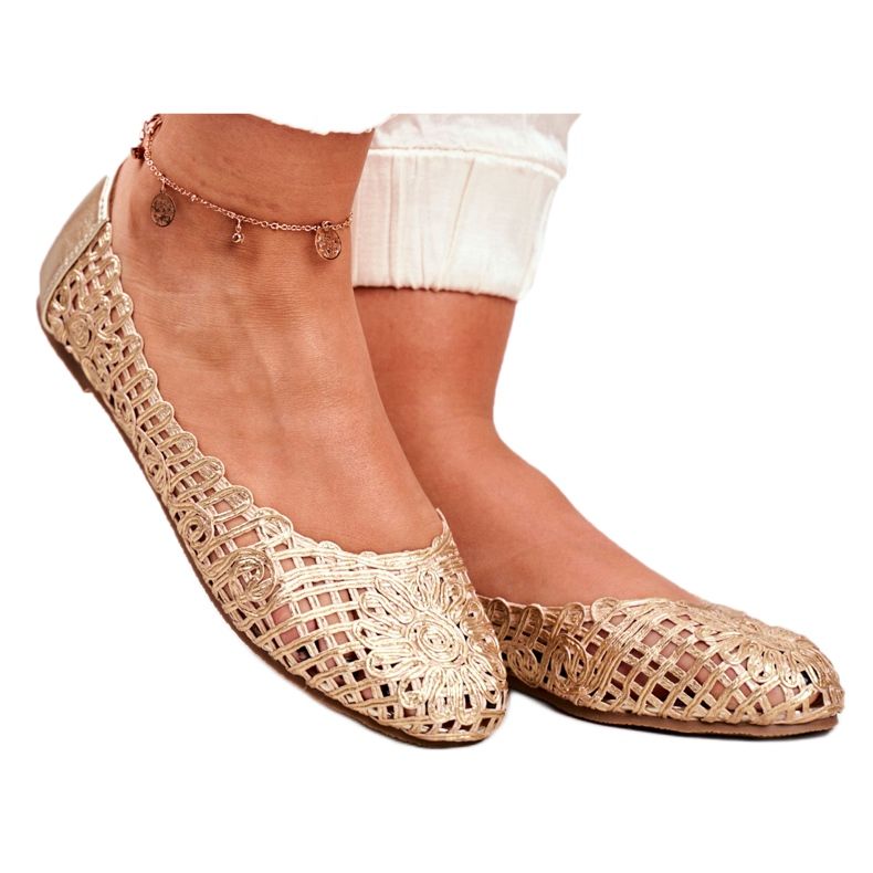 Lu Boo Damen Ballerinas Gold Durchbrochene Geflochtene Tragetasche golden