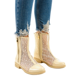 Beige durchbrochene flache Stiefel X362-2