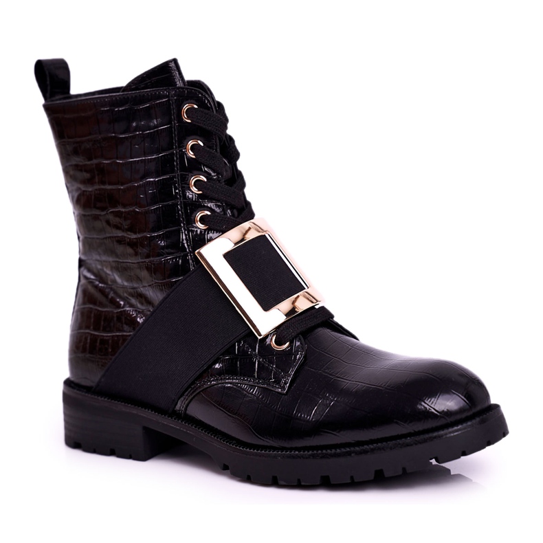 Damenstiefel mit Schnalle Happy Su Black schwarz golden