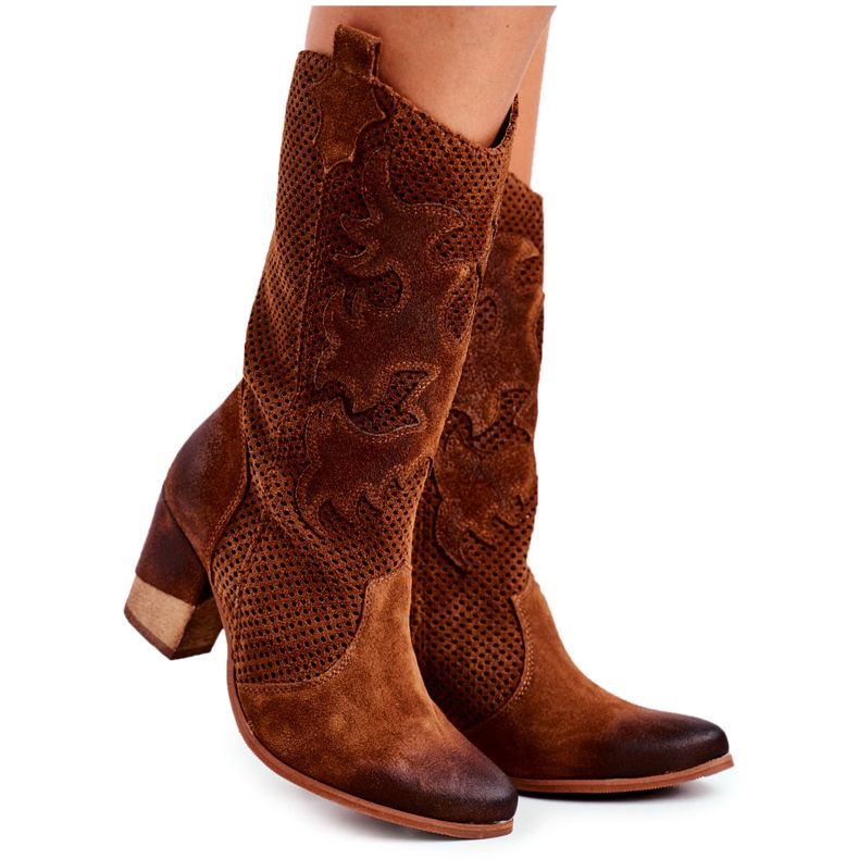 Exquisite Damenstiefel mit Absatz Leder High Cognac Rosmarin braun