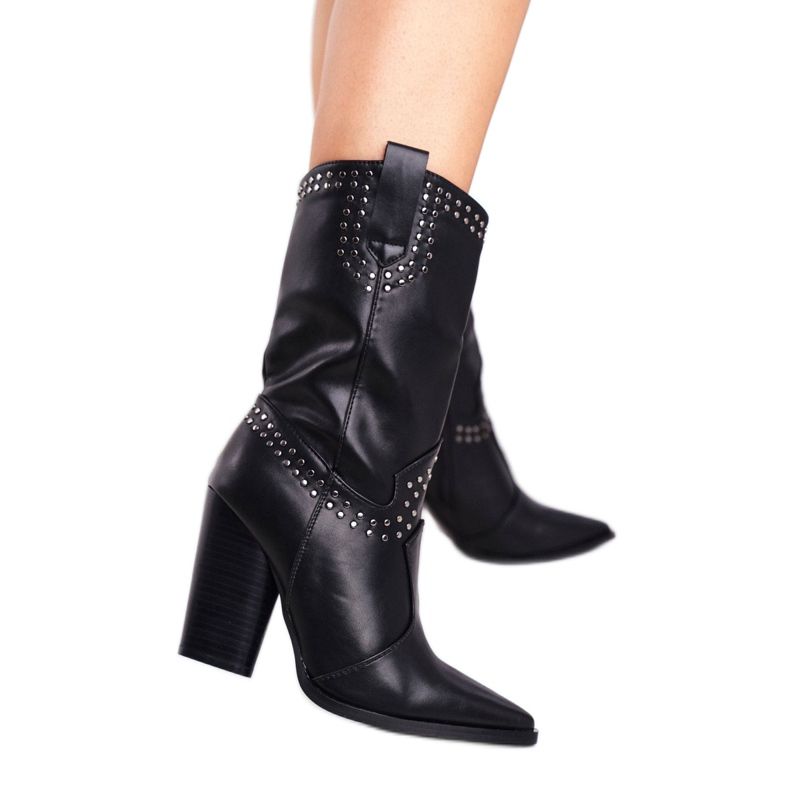 PS1 Damenstiefel mit Absatz Warme Cowboystiefel Schwarz Athen