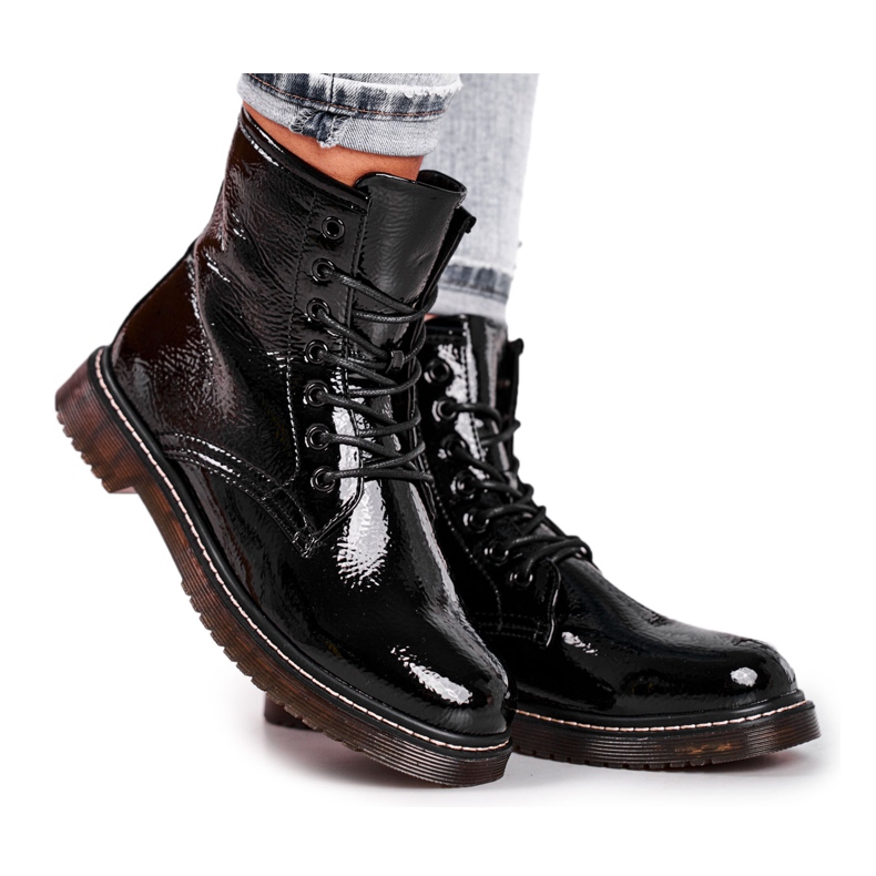 EVE Damen Stiefel Lackierte Trappers Stiefel Schwarz Marita