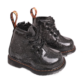 FRROCK Kinderstiefel Warm mit Reißverschluss Lackierter Glitter Black Mistor schwarz