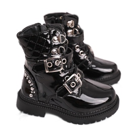 FRROCK Kinderstiefel mit Fell gewärmt, Lackiert Schwarz Dolly