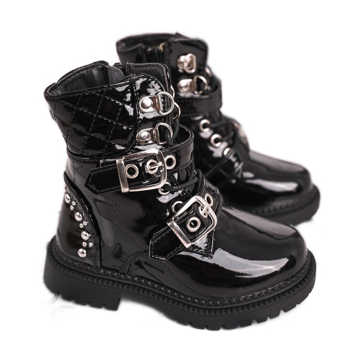 FRROCK Kinderstiefel mit Fell gewärmt, Lackiert Schwarz Dolly